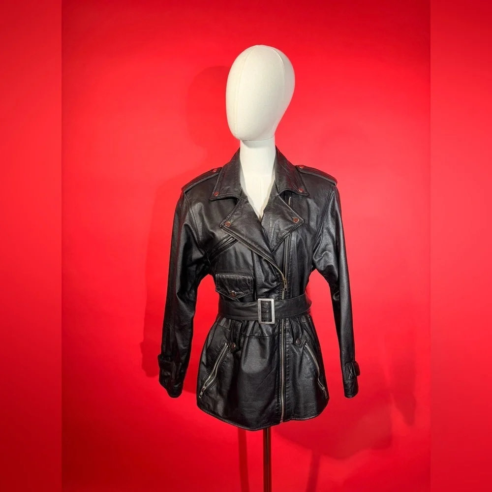 Vintage 1980s Wilson’s Leather Black Leather Oversized Moto Jacket - Picture 5 of 12